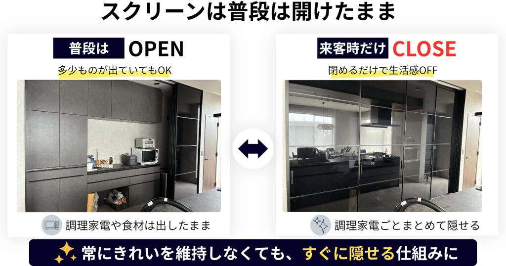 カップボードの普段の状態とスクリーンを閉めた状態の対比。スクリーンを閉めればすぐに生活感を消せる