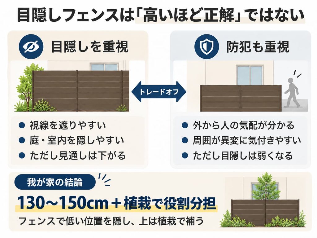 目隠しフェンスは高いほ良いわけではなく、目隠しと防犯のどちらも満たすため、植栽も使用してトータルで考える