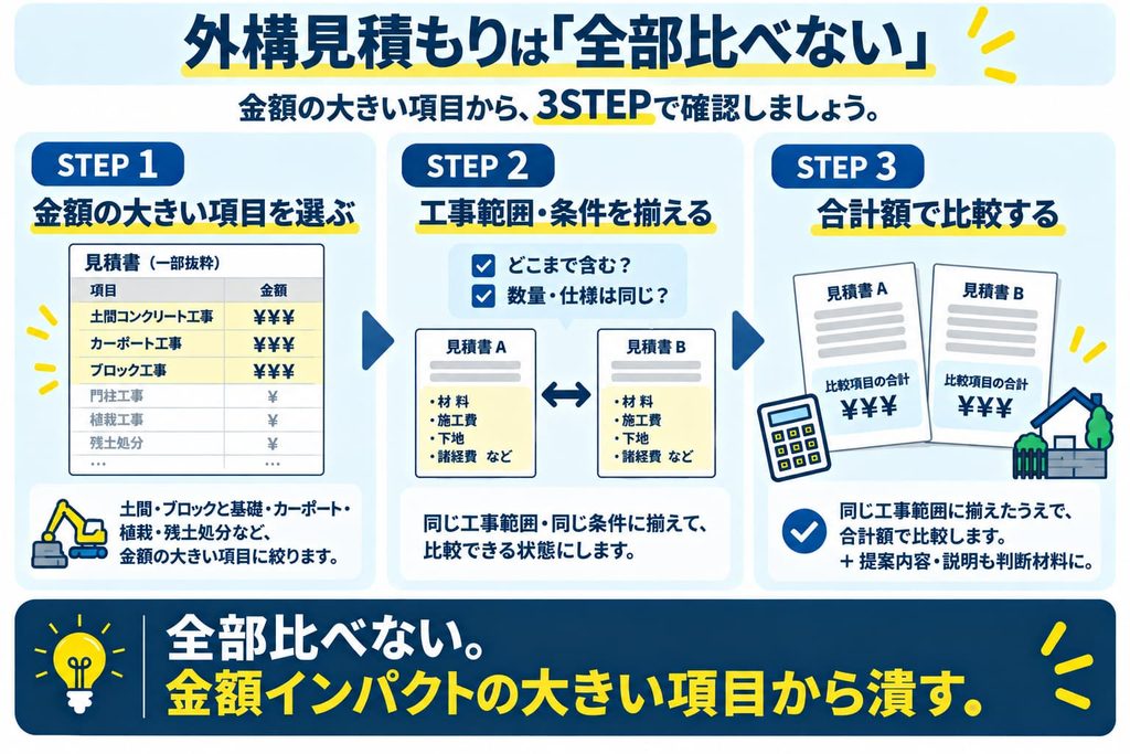 外構見積もりは全てを比べることができないため、金額のインパクトが大きい項目から潰す