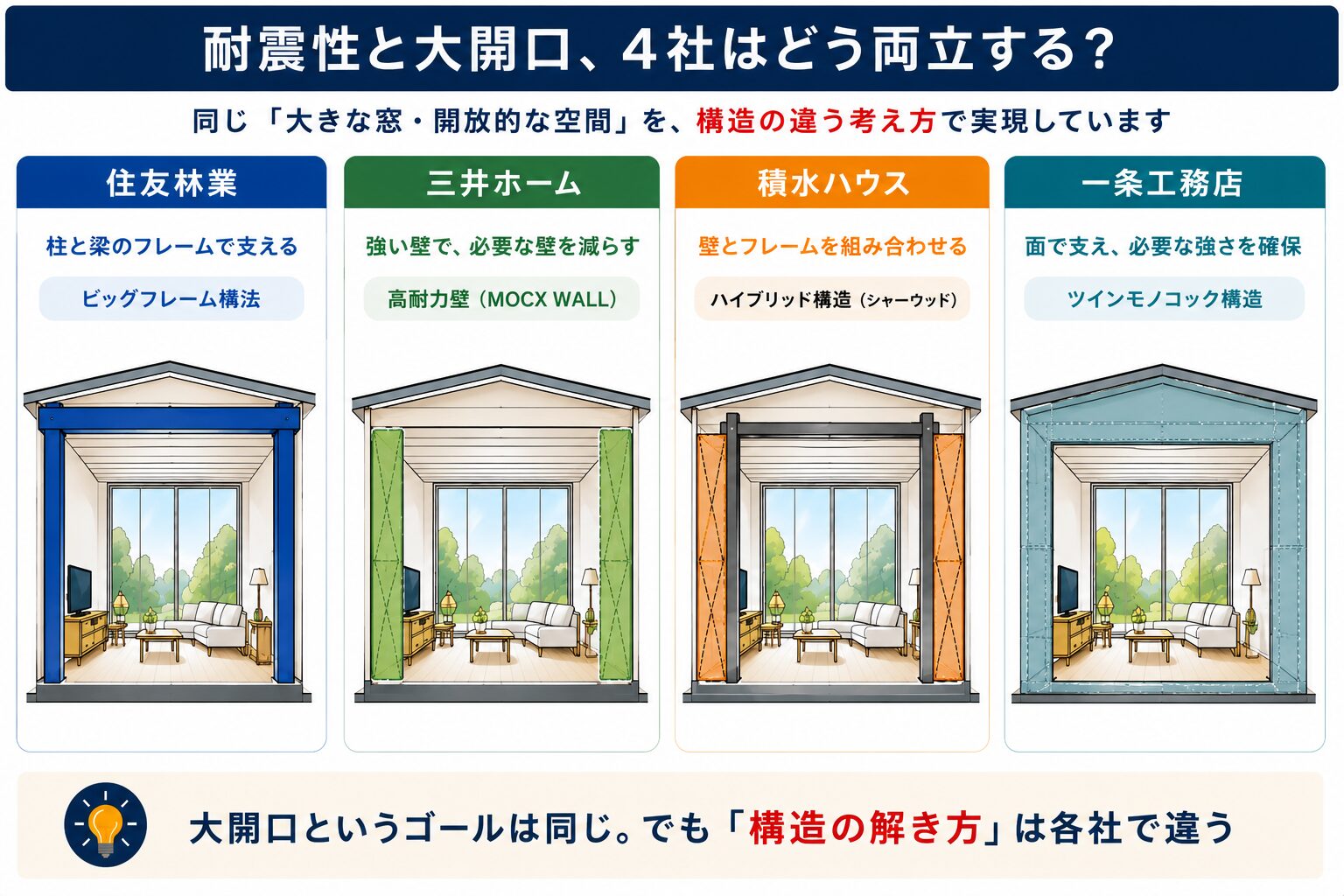 耐震性と大開口を4社がどう両立しているかを比較した図解