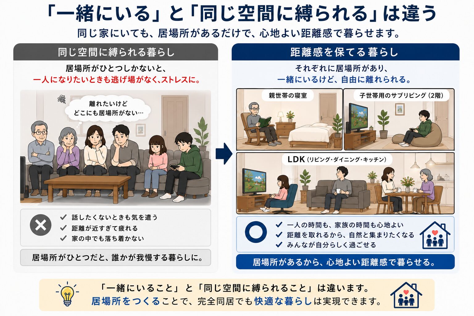 居場所がひとつしかない家と、それぞれに居場所がある家の暮らし方の違いを比較した図解