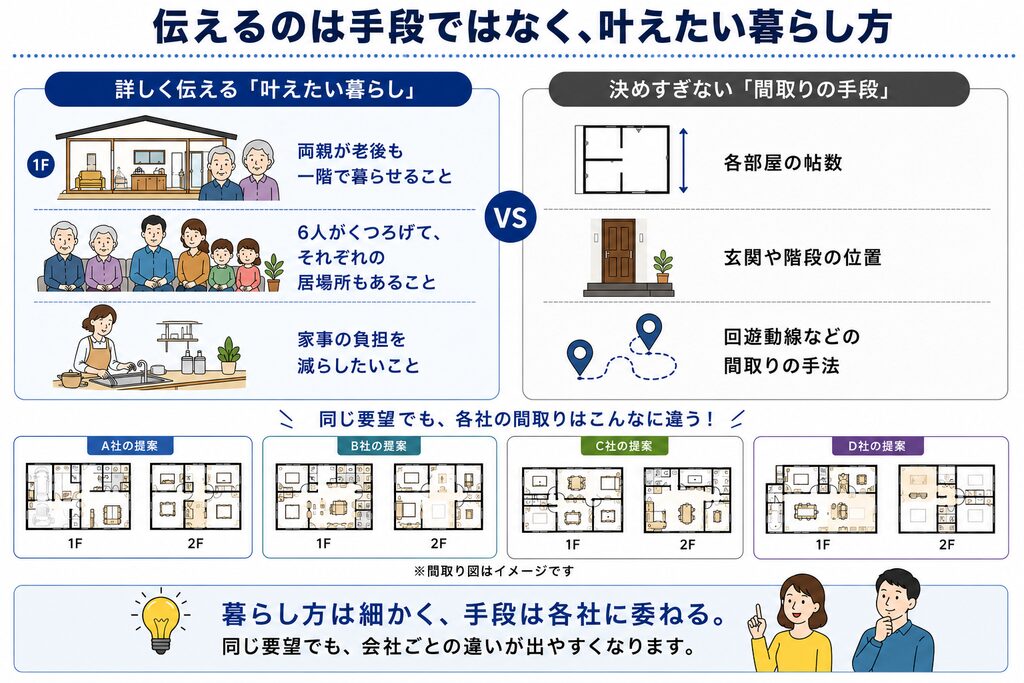 間取り作成で伝えるべきなのは具体的な手段ではなく、叶えたい暮らし方。手段はメーカーに委ねることで個性のある間取りになる。