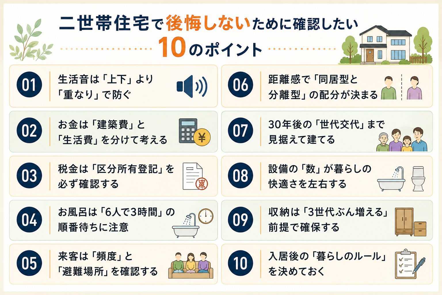 二世帯住宅で後悔しないために確認したい10のポイント。生活音、お金、税金、お風呂、来客、距離感、将来設計、設備、収納、暮らしのルール