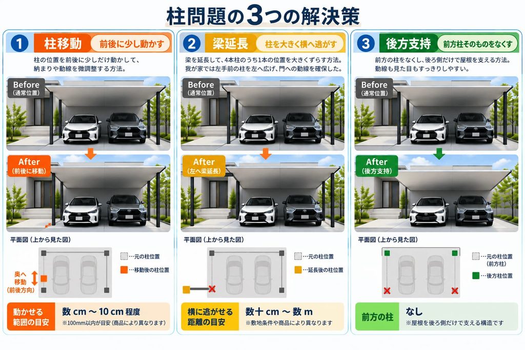 柱と動線の干渉を解決する3つの方法（柱移動、梁延長、後方支持）