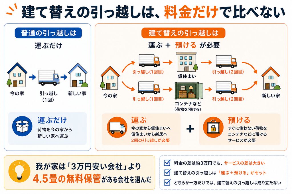 建て替えの引っ越しは「運ぶ」と「預ける」がセットになることを対比させた図解