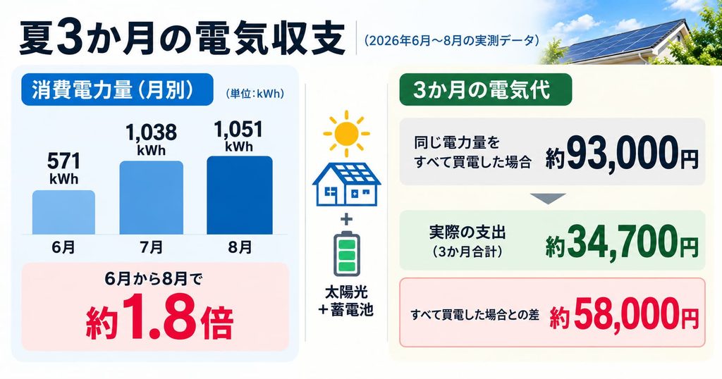 夏の3ヶ月の電気収支結果。太陽光発電+蓄電池によって約58000円分の効果