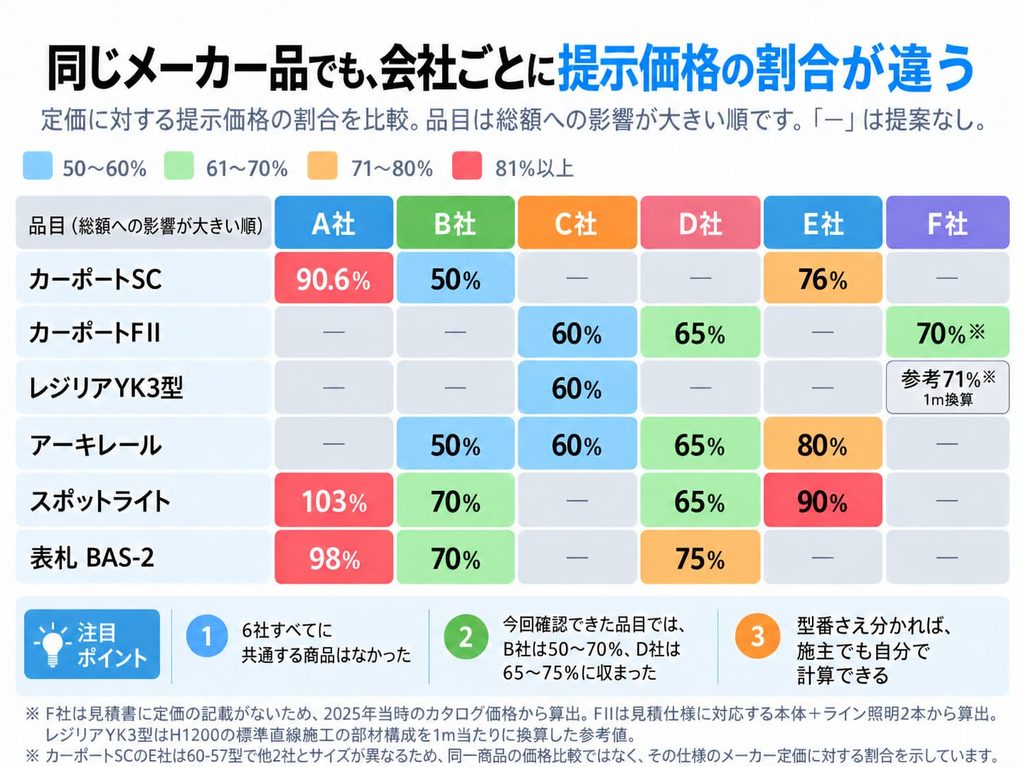 見積もり6社の商品ごとの掛率一覧表
