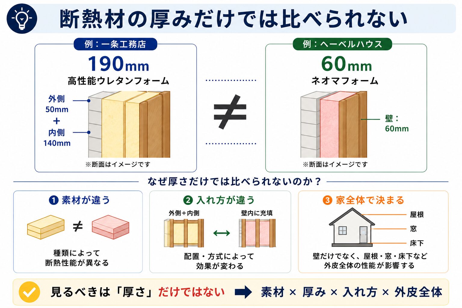 一条工務店190mmとヘーベルハウス60mmの断熱材を比較した図解